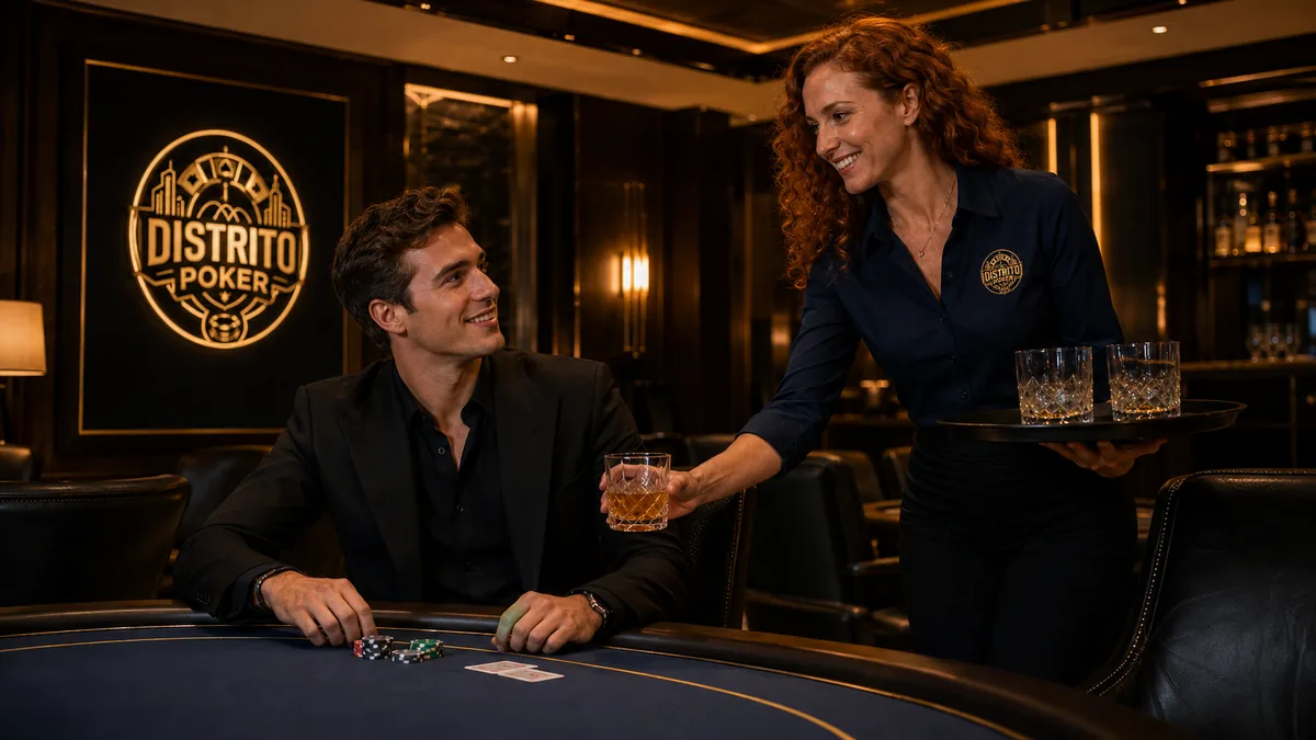 Garçonete servindo convidados VIP com uniforme oficial da marca Distrito Poker